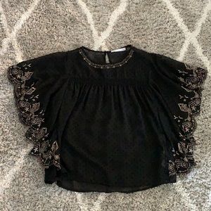 Zara Black Sheer Top with Gold Embroidered Sleeves